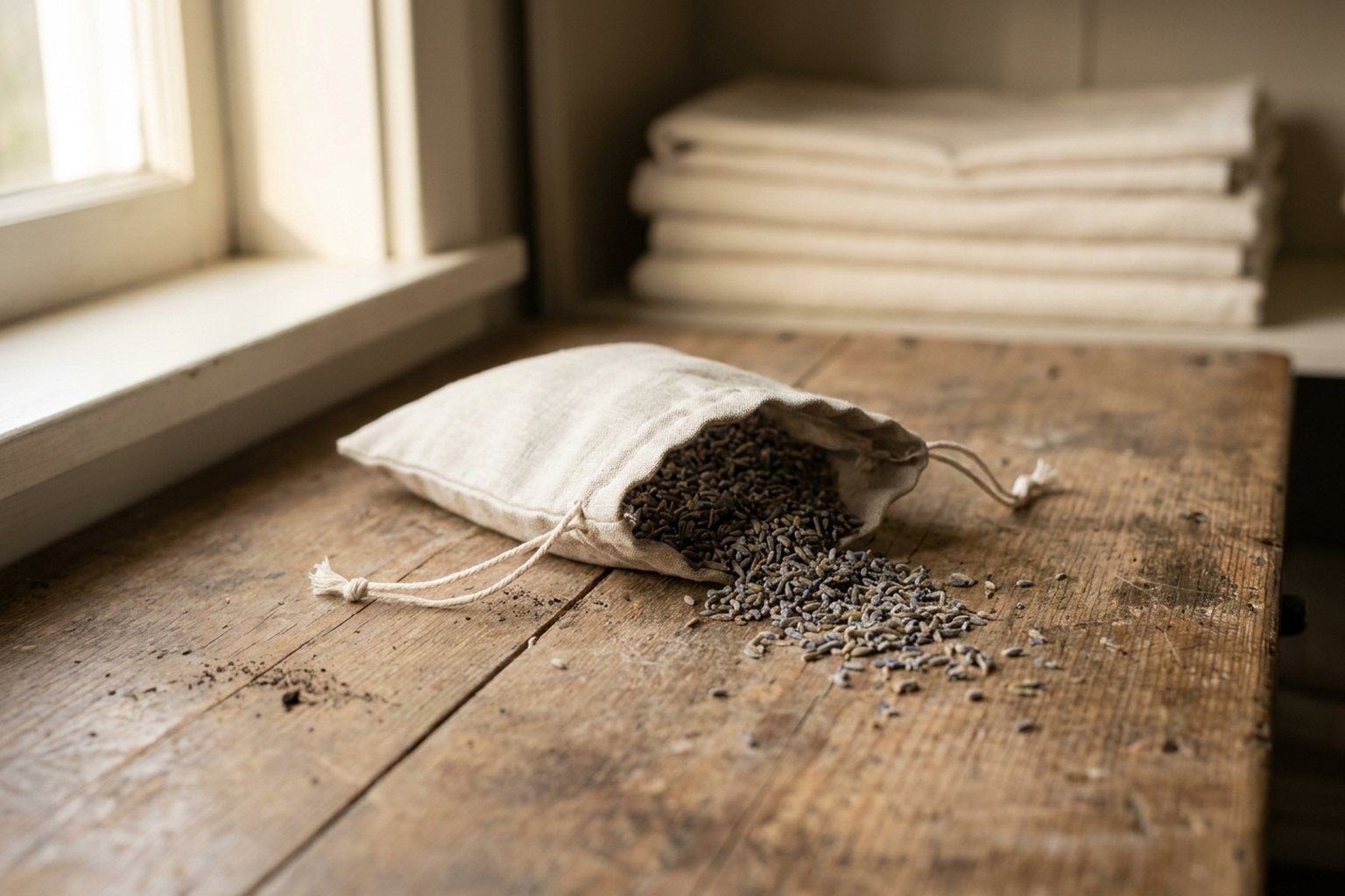 A linen lavender sachet tipped open on a wooden surface, dried lavender buds spilling out in a small arc, a wooden drawer pull just visible at the upper edge.